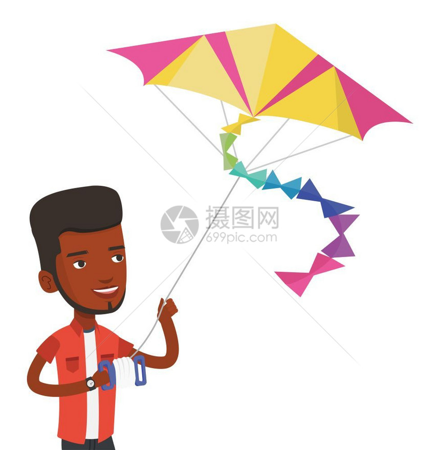 一名青年男子在户外放彩色风筝矢量插图图片