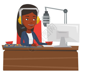 节目主持从事电台广播的非洲女性卡通矢量插画设计图片