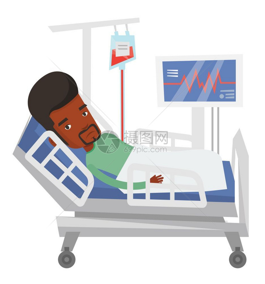 非洲男子躺在病床上输血进行心脏监测卡通矢量插画图片