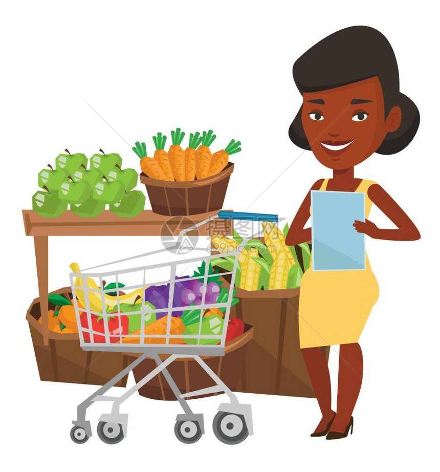 在超市使用购物清单购买食材的非洲女士卡通矢量插画图片