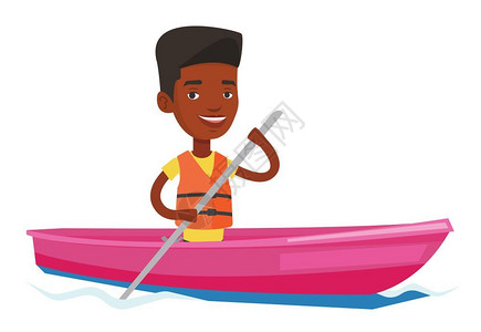 青年男子使用阻力带健身塑身在河里划着皮艇的青年男子矢量插图插画