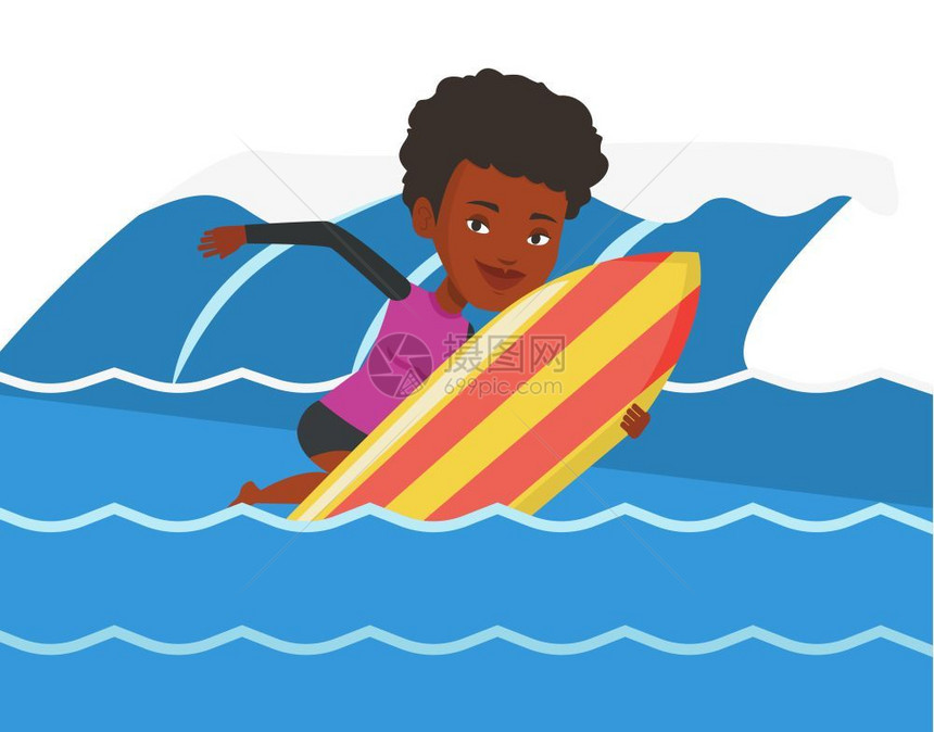 年轻冲浪者在滑板上冲浪矢量平面设计插图图片