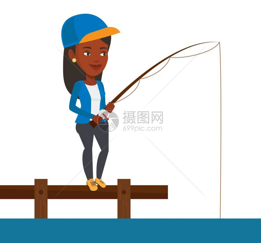 在湖边的年轻人手拿着钓竿钓鱼矢量插图图片