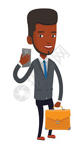 使用手机自拍的非洲商务男士卡通矢量插画图片