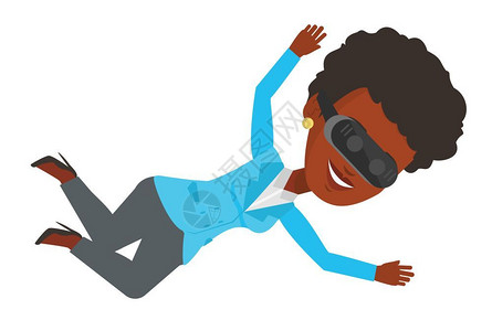 使用VR眼镜体验飞翔的非洲女性卡通矢量插画图片