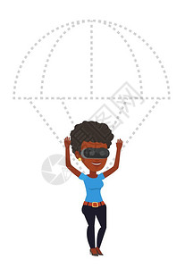 使用VR眼镜体验跳伞的非洲女性卡通矢量插画图片