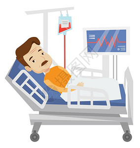 病房设计素材男人躺在病床上进行心脏检查和输血治疗卡通矢量插画插画