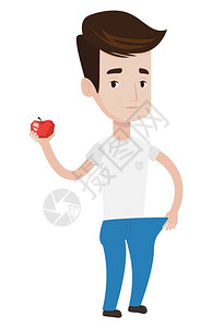 手拿苹果节食减肥的男人卡通矢量插画图片