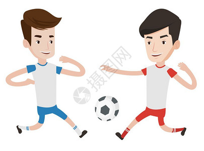 两名比赛踢足球的年轻男人卡通矢量插画图片