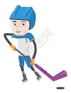 打冰球的年轻冰球运动员卡通矢量插画图片