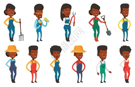 非裔美国人身着工作服的农民一起工作矢量插图插画