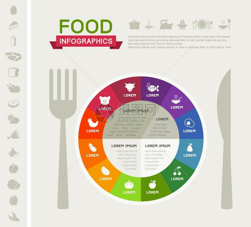 健康的食物人口统计元素图标设置矢量图片