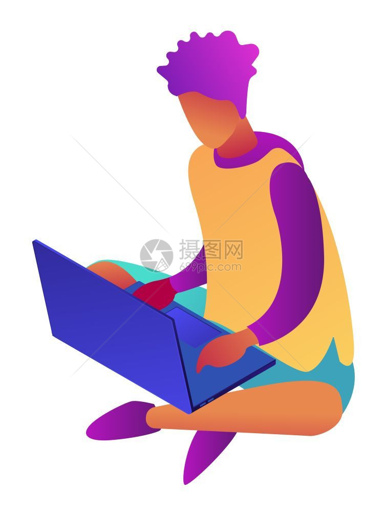 年轻商人坐在交叉腿上笔记本电脑上图片