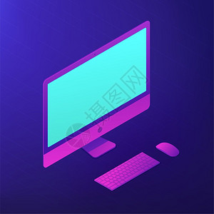 PC桌面带有屏幕键盘和鼠标的等量个人计算机pc个人数字设备办公室和商业数据概念字技术紫外线背景矢量3d插图插画