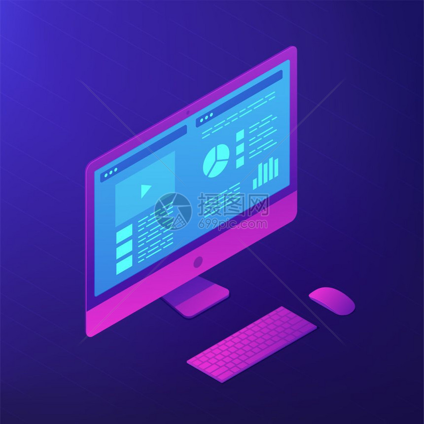 带有屏幕数据的个人计算机pc软件和应用开发商业和数字技术概念紫外线背景矢量3d图片