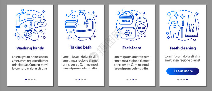 洗澡澡洗手刷牙澡面部护理步骤图形说明uxig带插图的矢量模板带线概念的移动应用程序页面屏幕上的卫生插画
