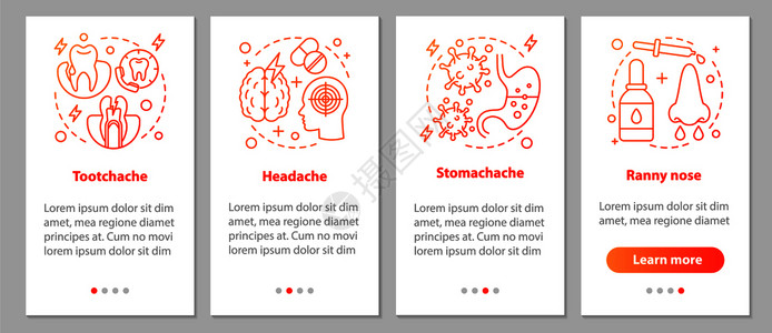流血素材设计头痛牙胃鼻流血等图形指示uxi带插图的gui矢量模板带有线概念的移动应用程序屏幕生病插画