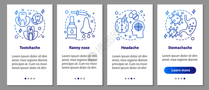 头痛牙胃鼻流血等图形指示uxi带插图的gui矢量模板带有线概念的移动应用程序屏幕生病背景图片