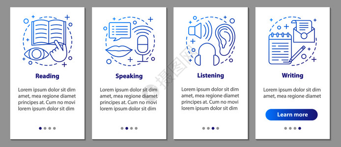 包含线概念的移动应用程序页面屏幕上的基本语言技能读写讲听步骤图形指示uxig带插图的矢量模板带有线概念的移动应用程序页面屏幕上的背景图片