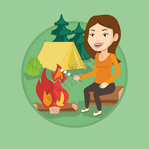 帐篷前在篝火旁吃着棉花糖的人元素插图图片