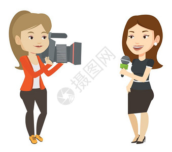 多媒体电视女记者和女摄影师卡通矢量插画插画