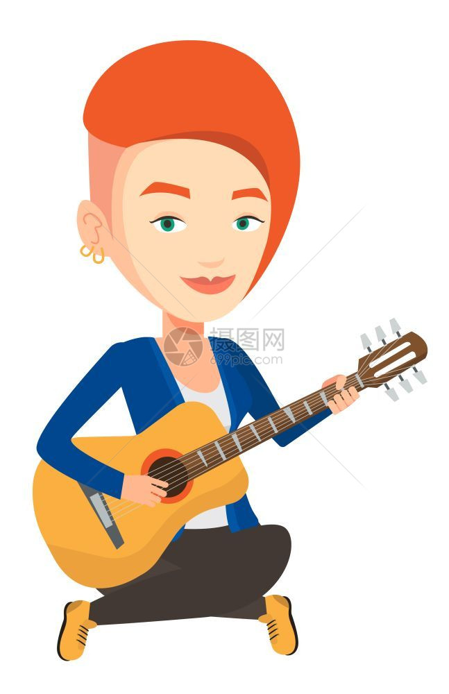 弹吉他的女音乐人卡通矢量插画图片