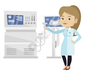医生操作使用超声波扫描机的女医生卡通矢量插画插画