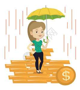 金色的雨女人打伞站在金币上保护矢量元素插画