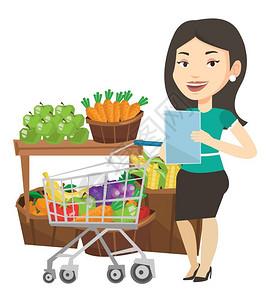 使用购物清单采购食物的女性卡通矢量插画图片