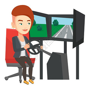 女人在游戏室驾驶自动模拟器图片