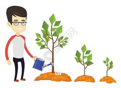 浇灌植物的男青年卡通矢量插画图片