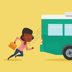 赶公交图片非洲女商人跑去赶公交汽车插画
