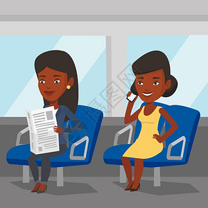 在地铁上打电话看报纸的非洲妇女卡通矢量插画图片