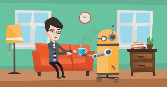 家用机器人带咖啡给他家的年轻主人 图片