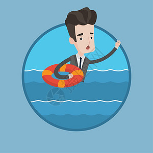 在海上抱着游泳圈求救的商务男士卡通矢量插画背景图片