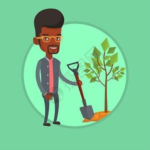 种树的非洲男子卡通矢量插画图片