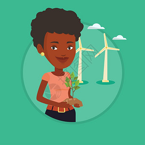 手拿小树苗站在风力发电机前的非洲女孩卡通矢量插画图片