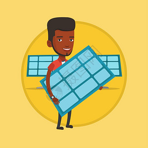 手持太阳能电池板的非洲男子卡通矢量插画图片