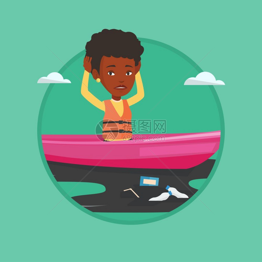 坐在被污水包围的小船上的非洲女孩卡通矢量插画图片