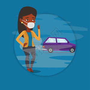 防烟口罩站在被汽车尾气污染环境里戴着口罩的非洲女孩卡通矢量插画插画