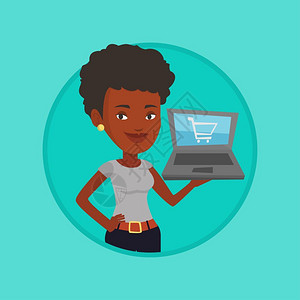使用笔记本电脑在线购物的年轻非洲妇女卡通矢量插画图片