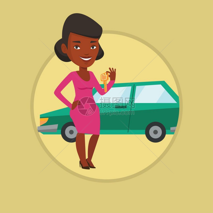 非洲美洲妇女拿新汽车的钥匙图片