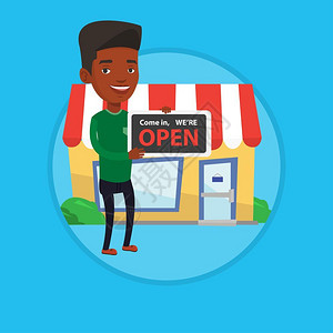 开业在即抱着开业牌子站在餐馆门口的非洲男士卡通矢量插画插画