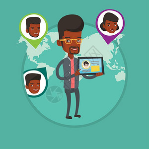 使用平板电脑进行线上社交的非洲男子卡通矢量插画图片