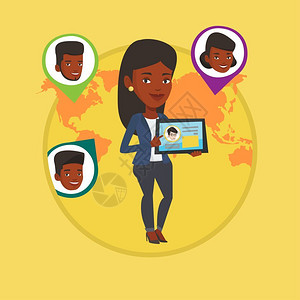 使用平板电脑进行线上社交的非洲女子卡通矢量插画图片