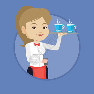 调味茶年轻女服务员拿着茶或咖啡杯卡通矢量插画插画