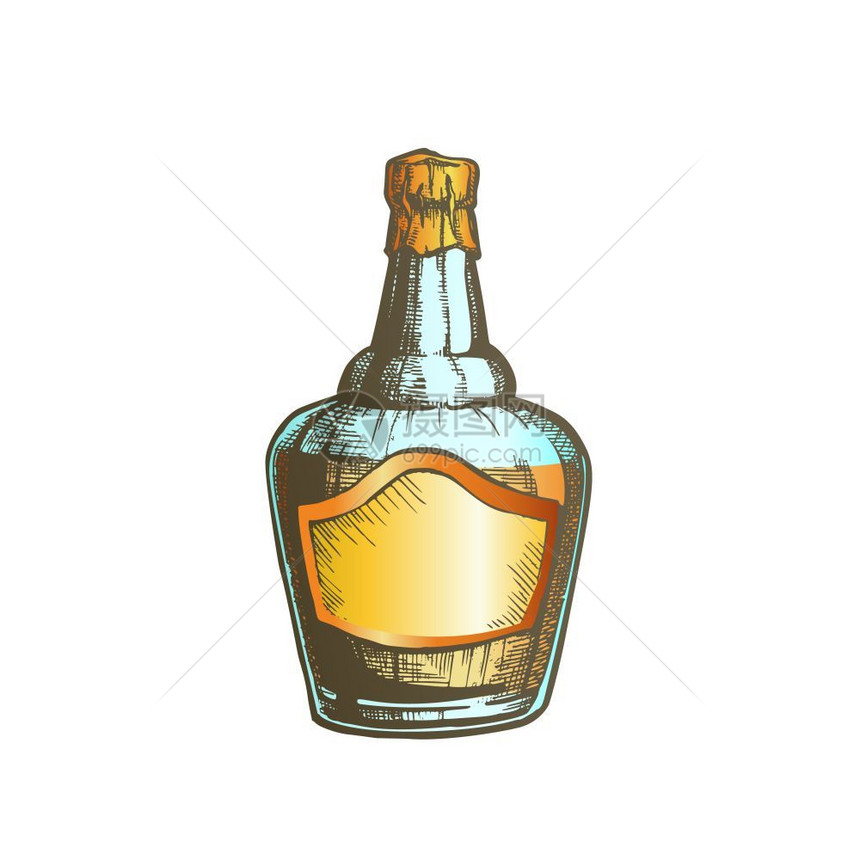 手绘古典英国酒精饮料的素描瓶用空白标签插图模拟旧玻璃容器图片