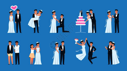 结婚派对新郎新娘卡通结婚场景矢量插画插画