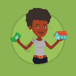 手拿金钱和房子的非洲女性卡通矢量插画图片