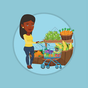 在超市购买蔬菜的非洲女孩卡通矢量插画图片